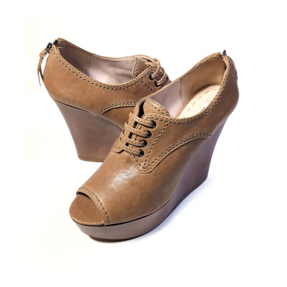 Miu Miu Prada 42 Tan Platform Wedge Peeptoe Booti… - image 4